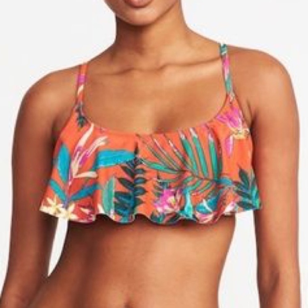 Bright Orange Floral Flounce Bikini Top